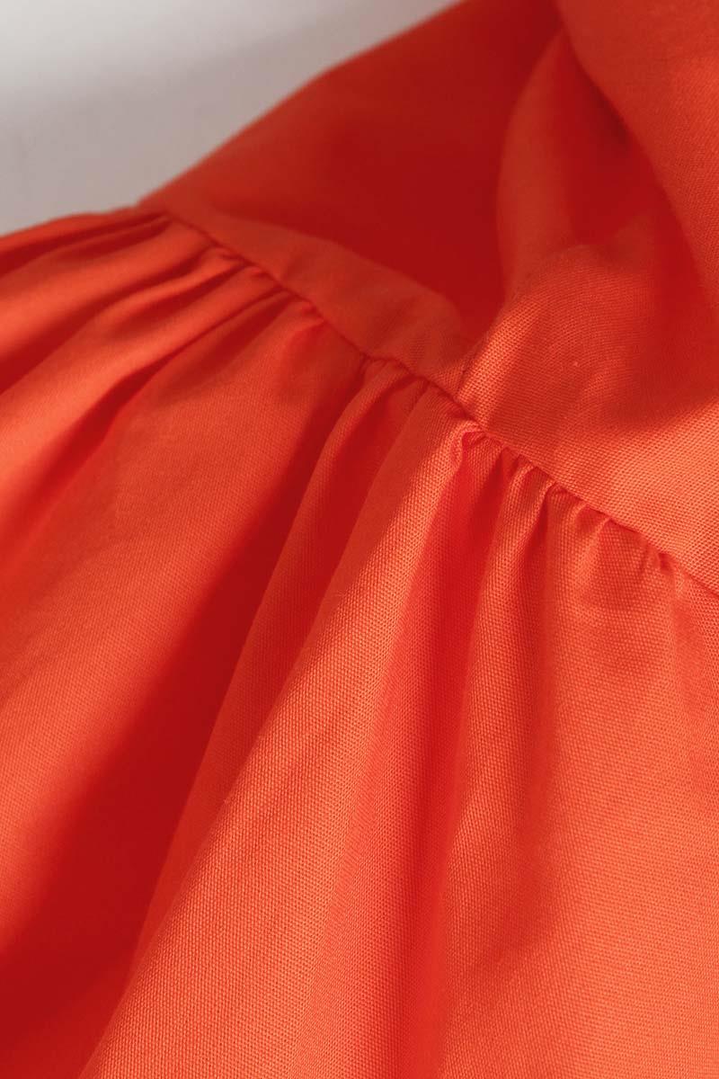 Orange-100% Cotton Oversize Pointed Collar Gathered Balloon Sleeve Shirt