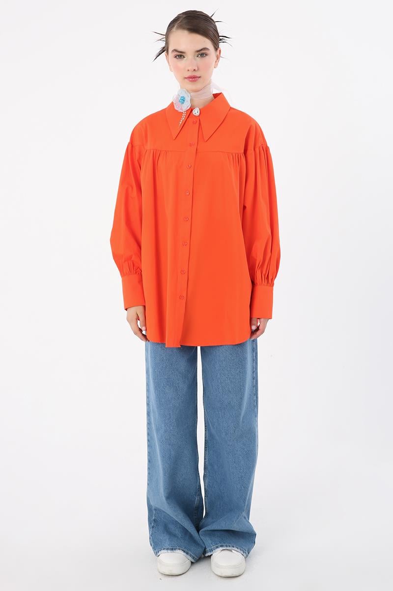 Orange-100% Cotton Oversize Pointed Collar Gathered Balloon Sleeve Shirt