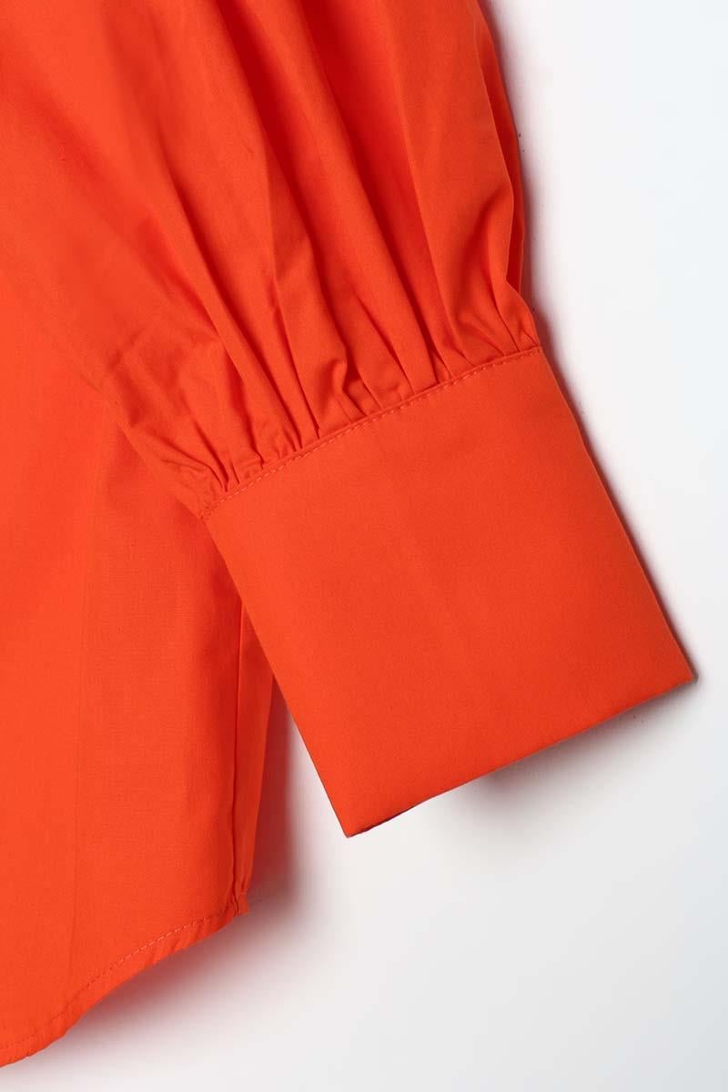 Orange-100% Cotton Oversize Pointed Collar Gathered Balloon Sleeve Shirt