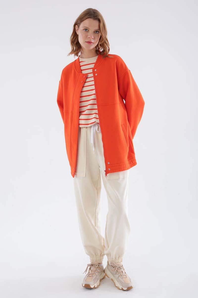 Orange-Snap Fastener Zippered Cardigan