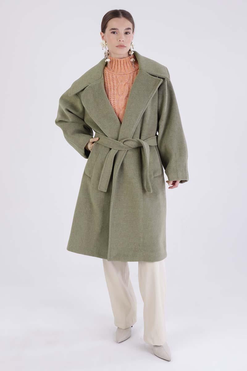Yeşil-Oversize Kuşaklı Kaşe Kaban