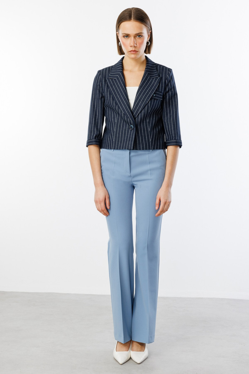Ekol Çizgi Desenli Pamuklu Crop Ceket Lacivert · 3