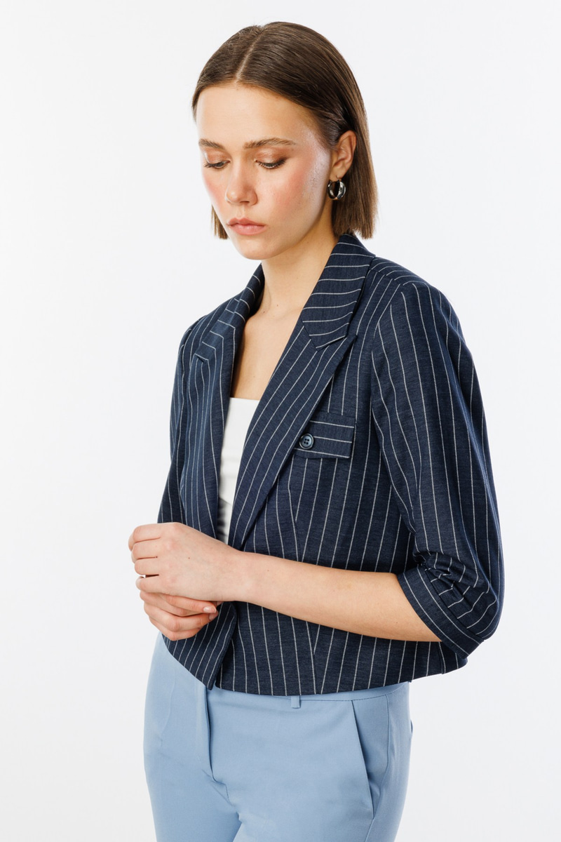 Ekol Çizgi Desenli Pamuklu Crop Ceket Lacivert · 2