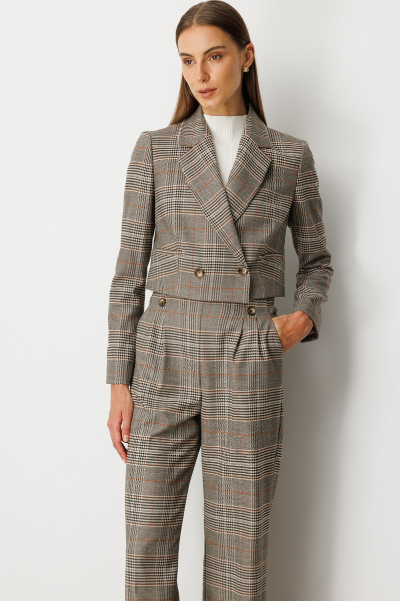Ekol Ekoseli Crop Ceket Vizon · 2