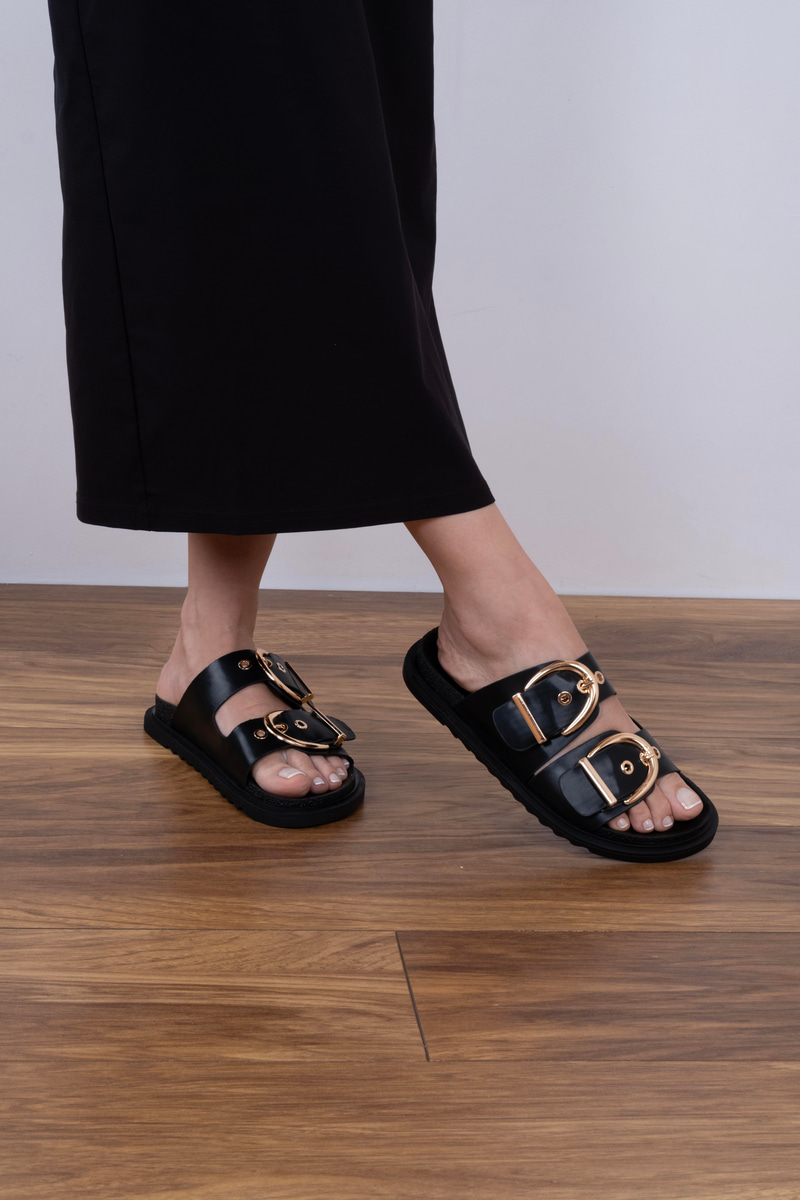 Ganie Model İki Kemerli Terlik Siyah