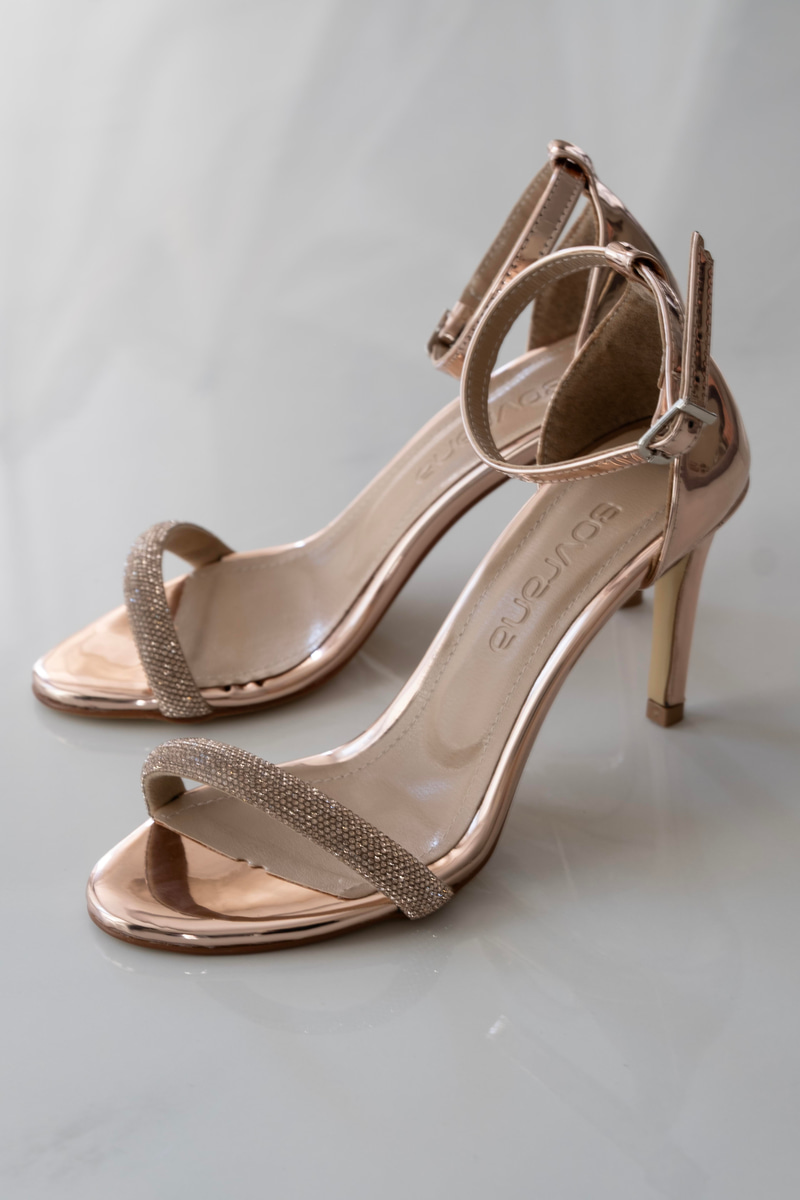 Sense Model Tek Bant Taşlı Topuklu Ayakkabı Rose Gold Ayna