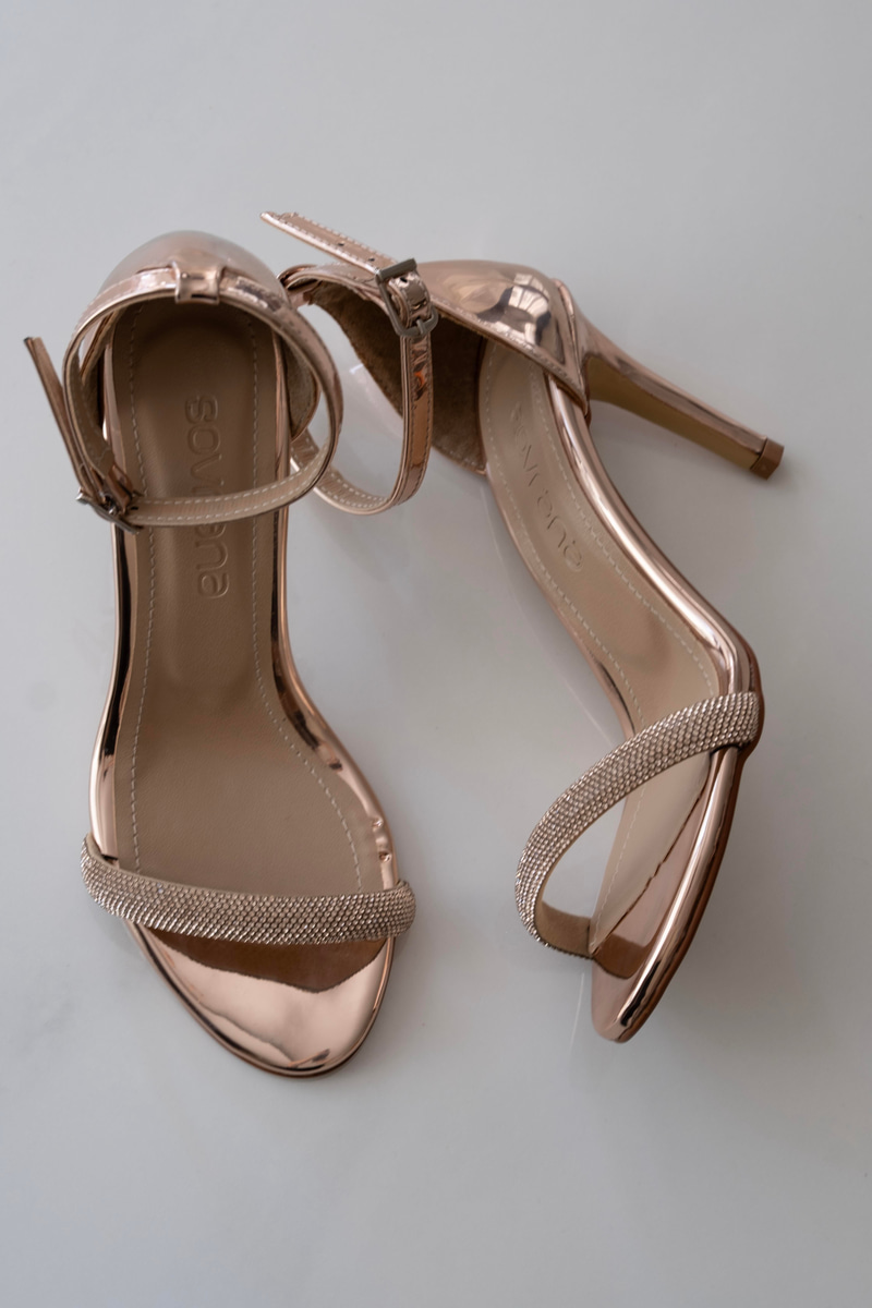 Sense Model Tek Bant Taşlı Topuklu Ayakkabı Rose Gold Ayna