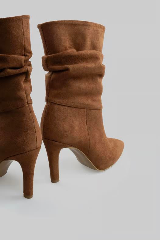 Tidie Model Körüklü İnce Topuklu Çizme Taba Süet
