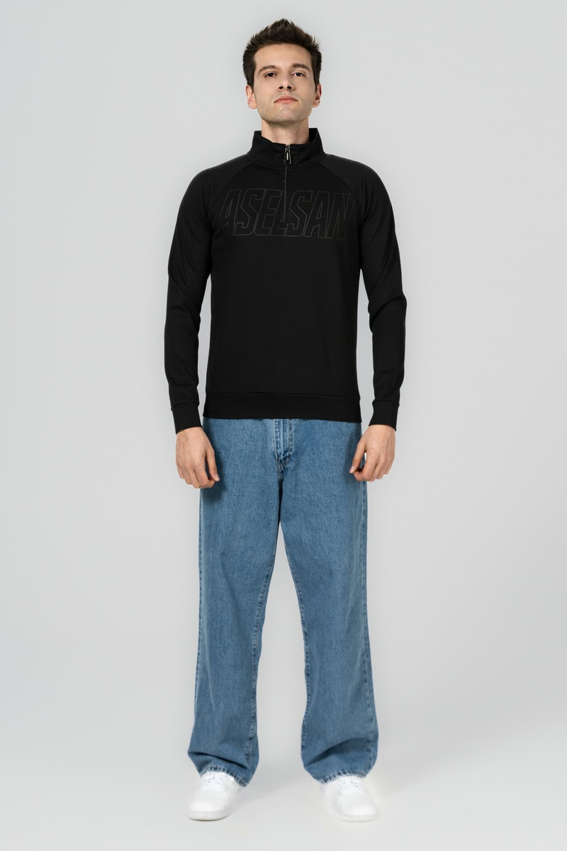 ASELSAN YAZILI YARIM FERMUARLI SİYAH SWEATSHIRT
