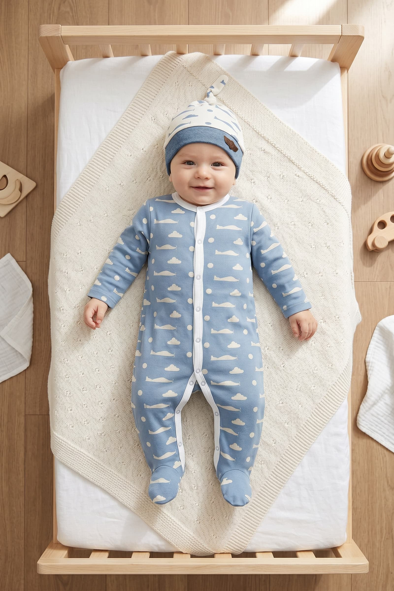 TUSAŞ HÜRKUŞ İLK UÇUŞ ORGANİK PAMUKLU PATİKLİ ŞAPKALI MAVİ BEBEK TULUMU