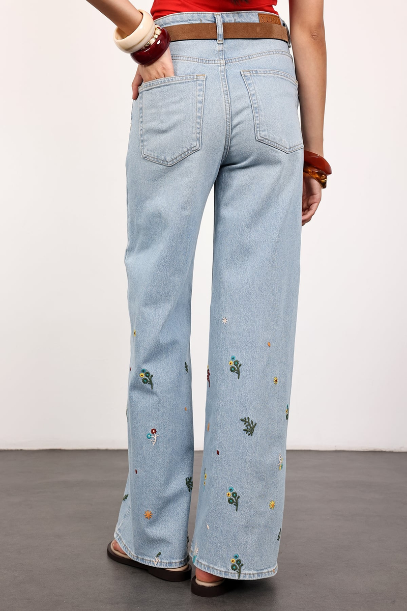 Açık Mavi Nakış İşlemeli Wide Leg Jean 1031