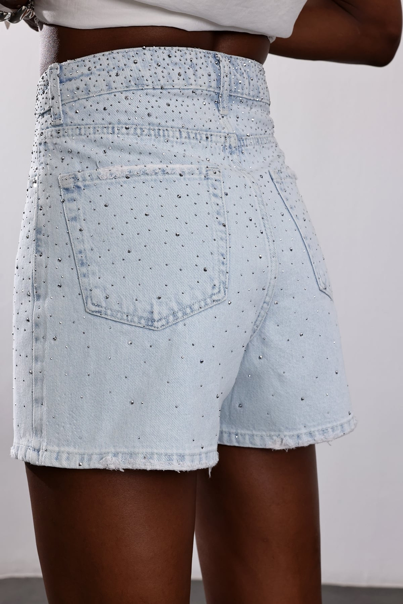Açık Mavi Taşlı Denim Şort 5483