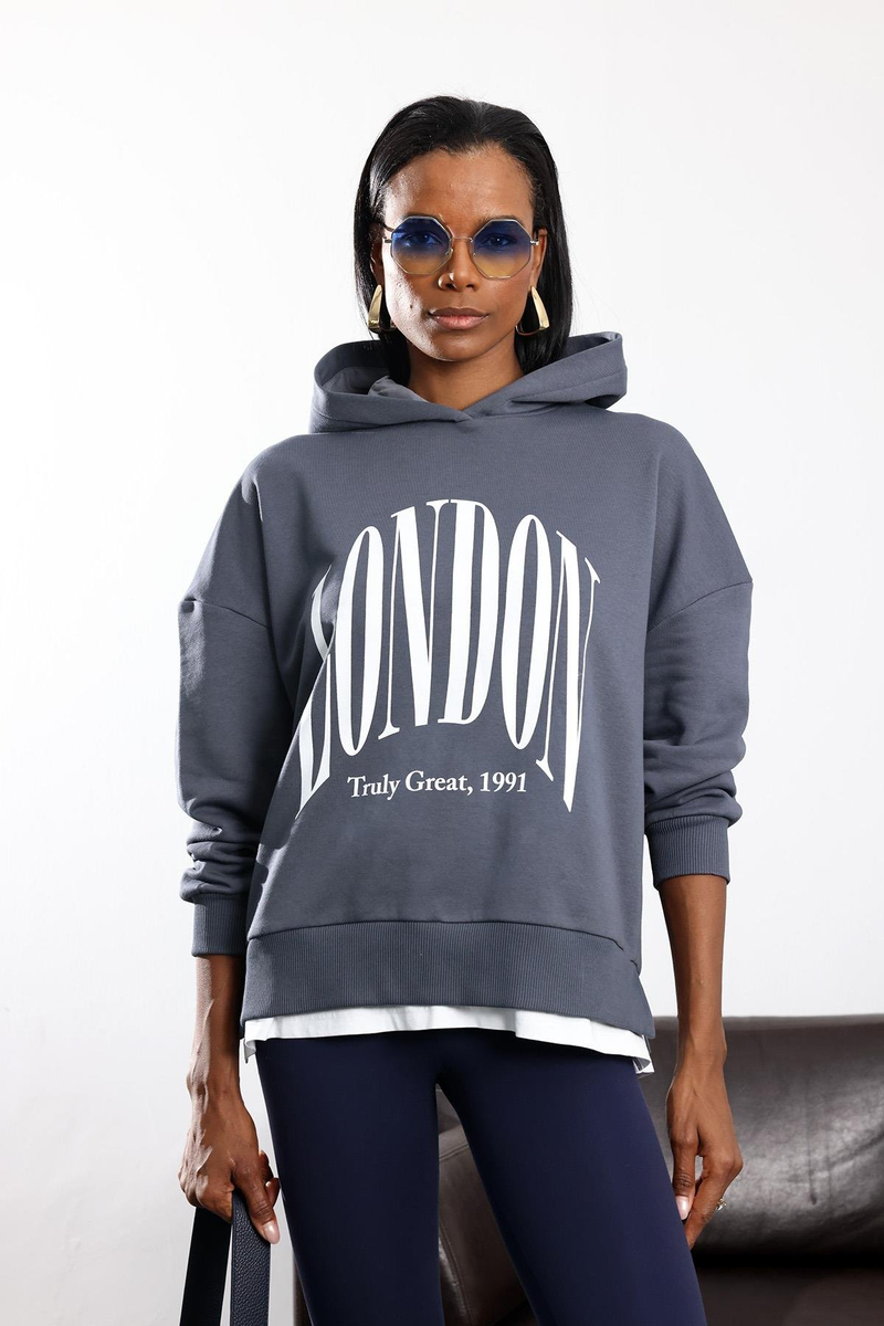 Antrasit London Baskılı Kapüşonlu Sweatshirt 01407