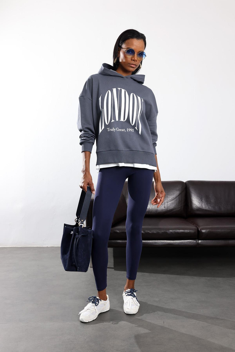Antrasit London Baskılı Kapüşonlu Sweatshirt 01407