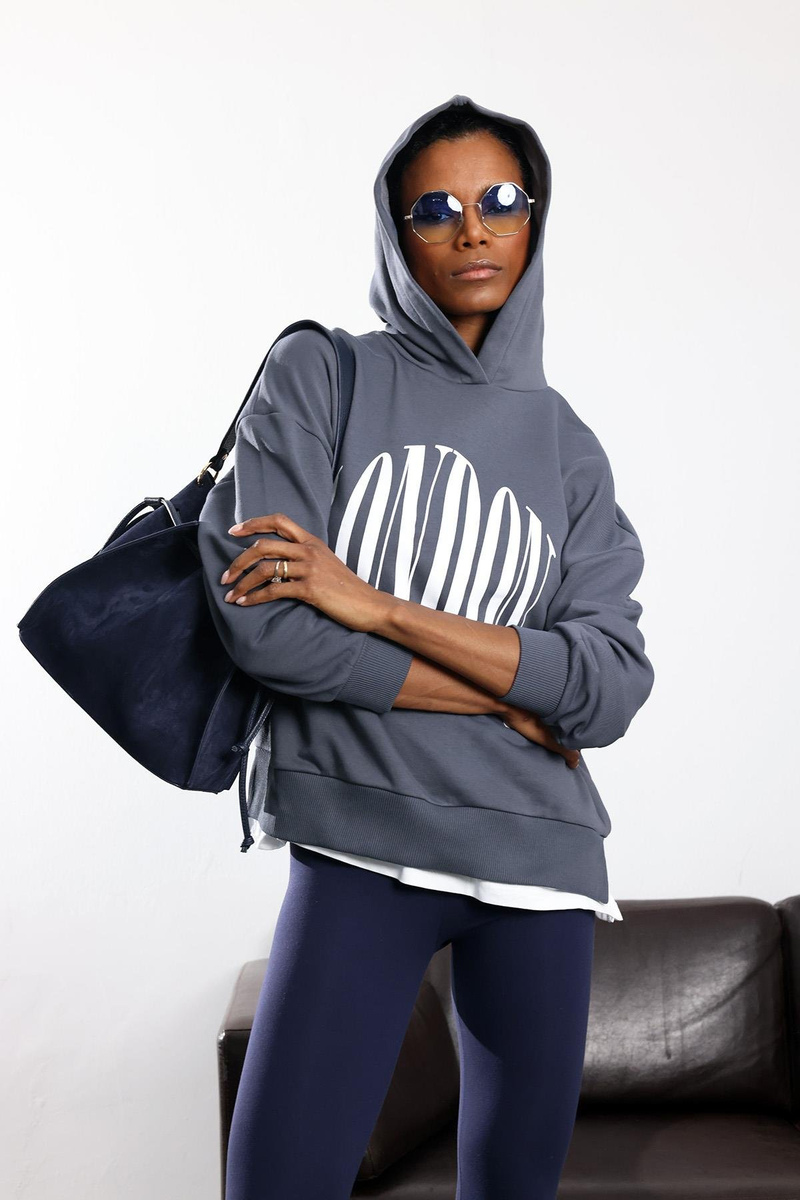 Antrasit London Baskılı Kapüşonlu Sweatshirt 01407