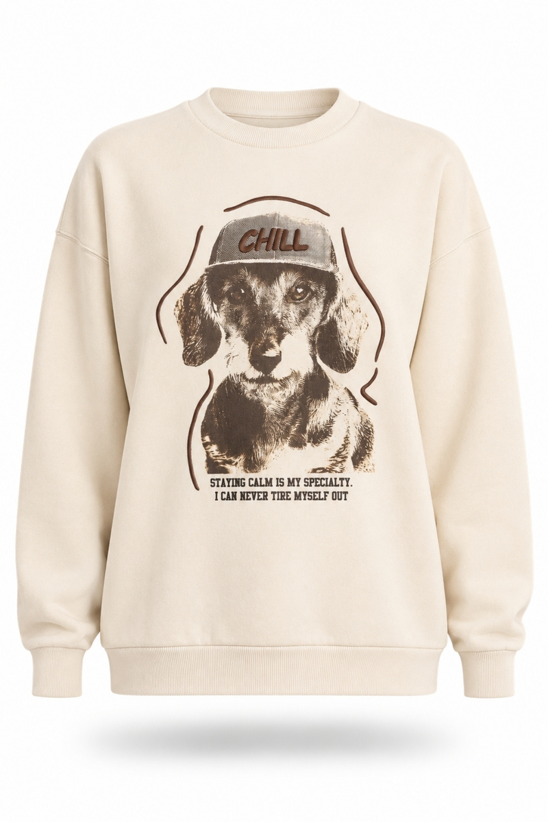 Bej Chill Baskılı Oversize Sweatshirt 02522