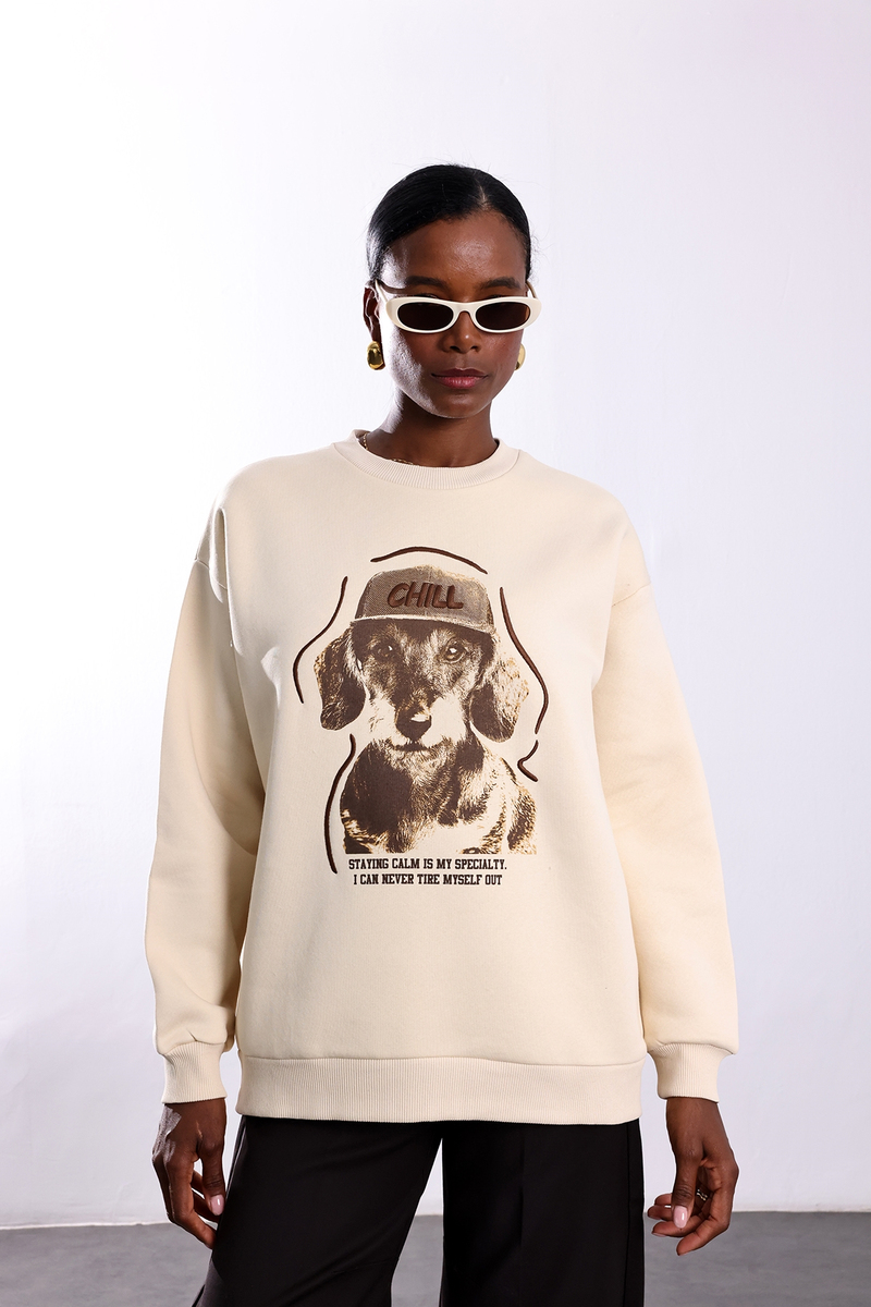 Bej Chill Baskılı Oversize Sweatshirt 02522