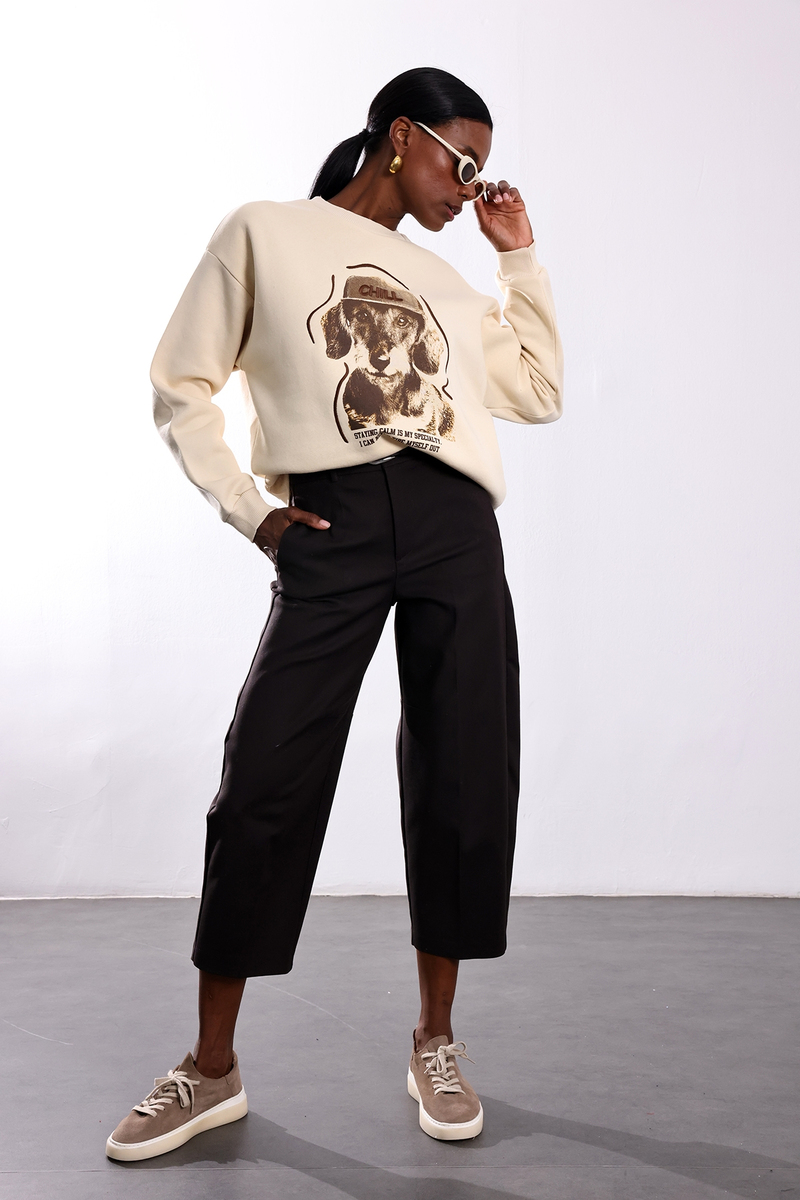 Bej Chill Baskılı Oversize Sweatshirt 02522