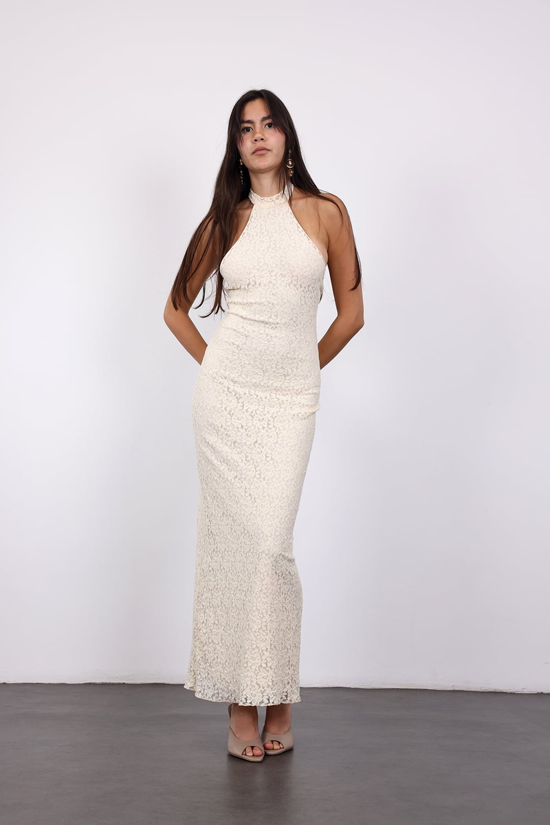 Bej Halter Yaka Güpürlü Elbise 00949