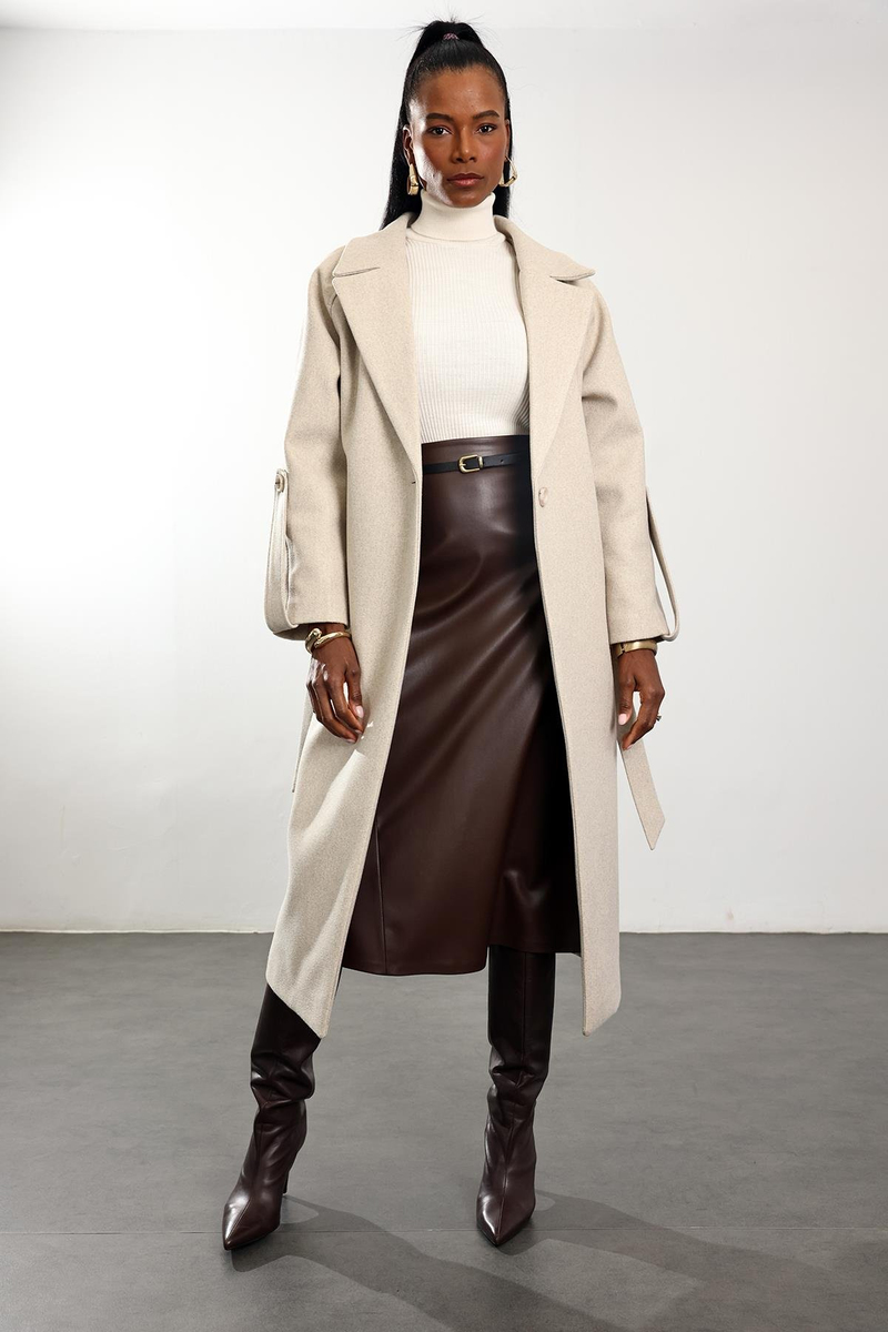 Bej Kuşaklı Kaşe Palto 1146