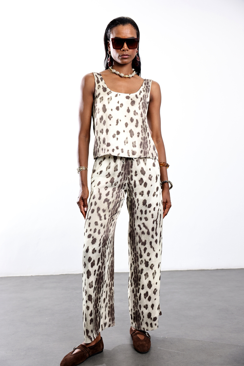 Bej Leopar Desenli Saten Bluz Pantolon Takım 