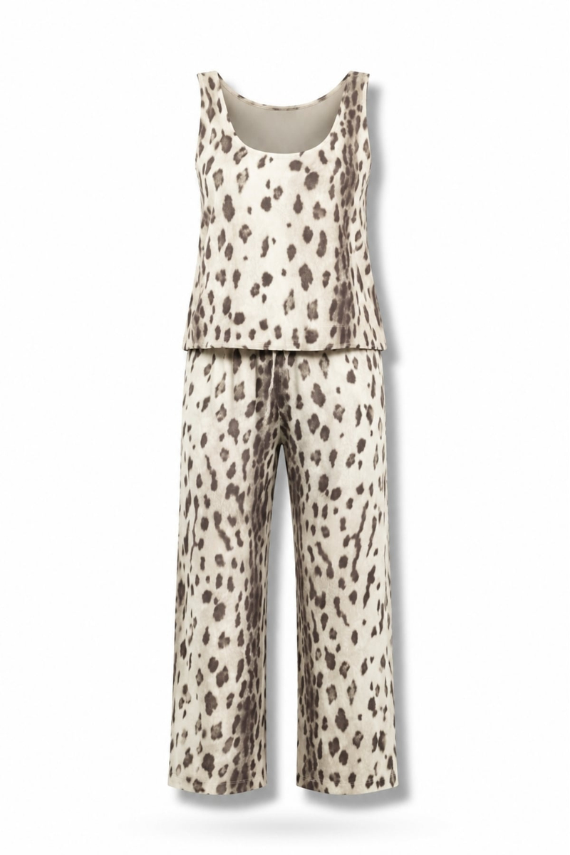 Bej Leopar Desenli Saten Bluz Pantolon Takım 
