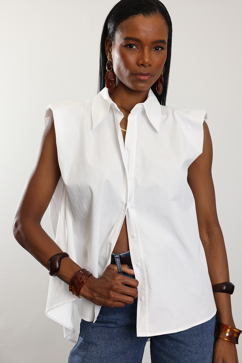 Beyaz Vatkalı Kolsuz Gömlek 0016