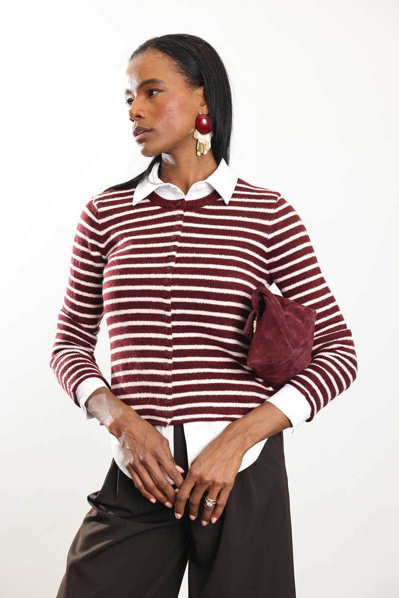 Bordo Çizgili Örgü Hırka TH261005