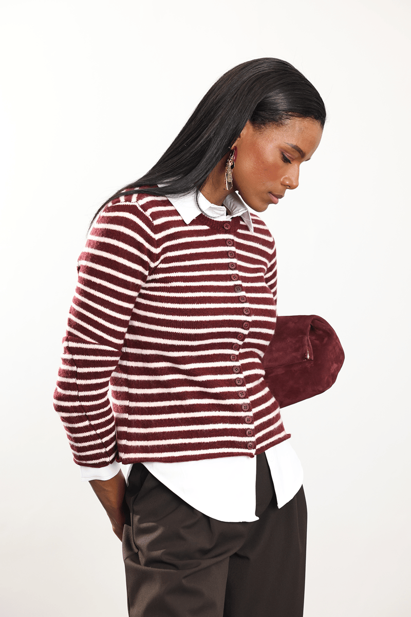 Bordo Çizgili Örgü Hırka TH261005
