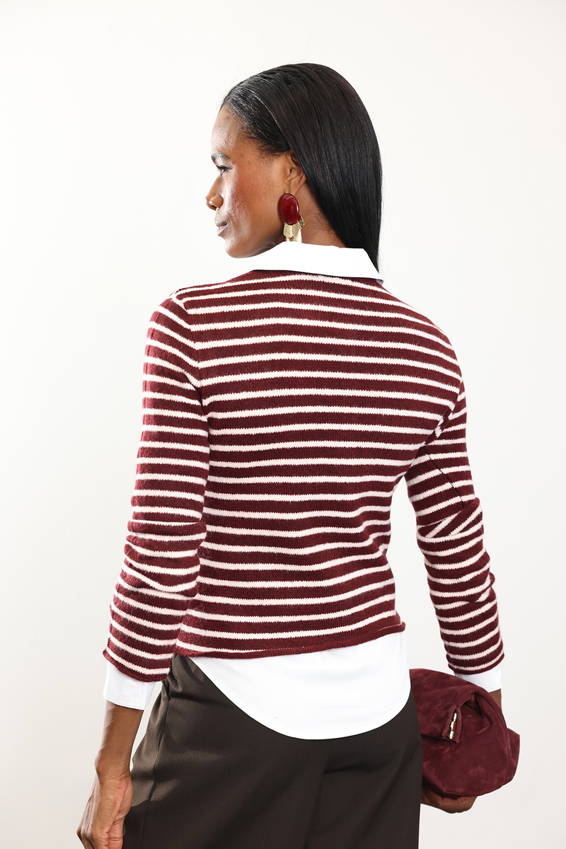 Bordo Çizgili Örgü Hırka TH261005