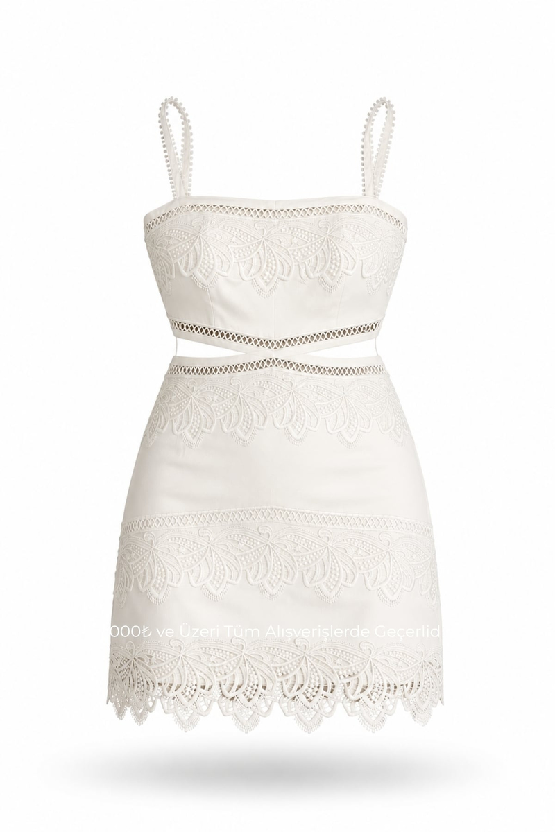 Ekru Bel Detaylı Dantelli Mini Elbise 37619