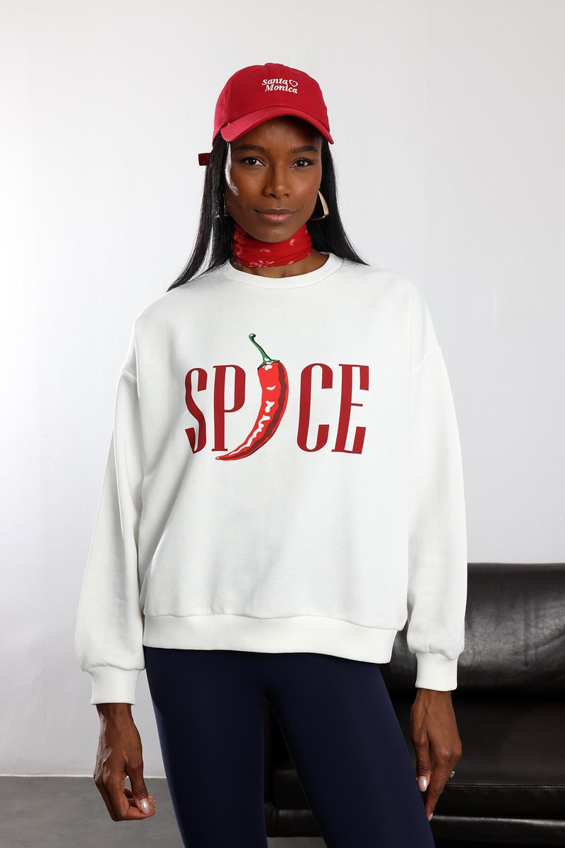 Ekru Biber Baskılı Oversize Sweatshirt 01734