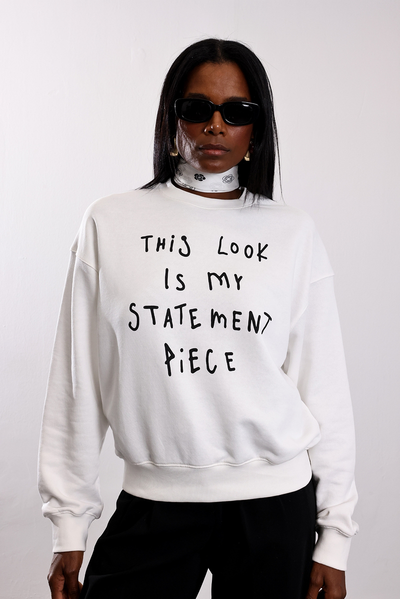 Ekru Bisiklet Yaka Yazılı Sweatshirt 955
