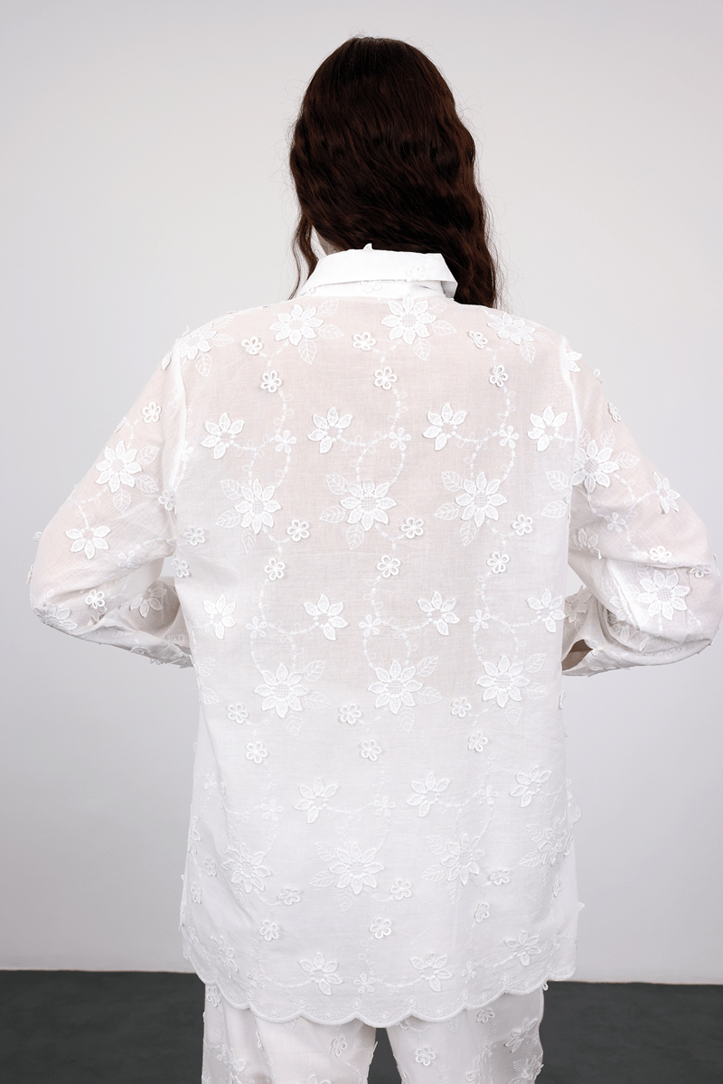 Ekru Çiçek İşlemeli Gömlek Pantolon Takım 38264