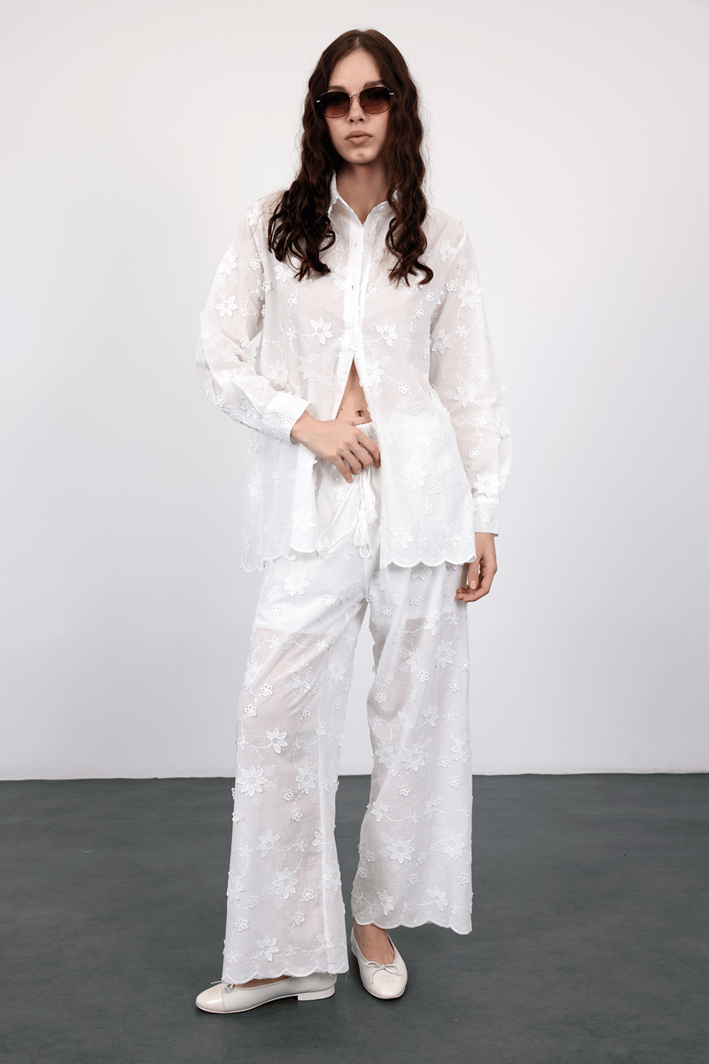 Ekru Çiçek İşlemeli Gömlek Pantolon Takım 38264