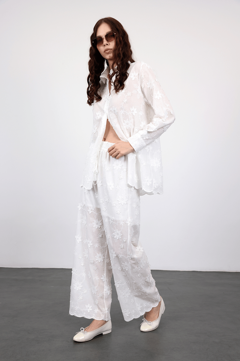 Ekru Çiçek İşlemeli Gömlek Pantolon Takım 38264