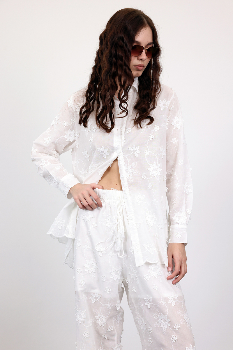 Ekru Çiçek İşlemeli Gömlek Pantolon Takım 38264