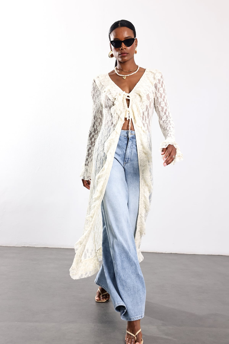 Ekru Dantelli Maxi Kimono 
