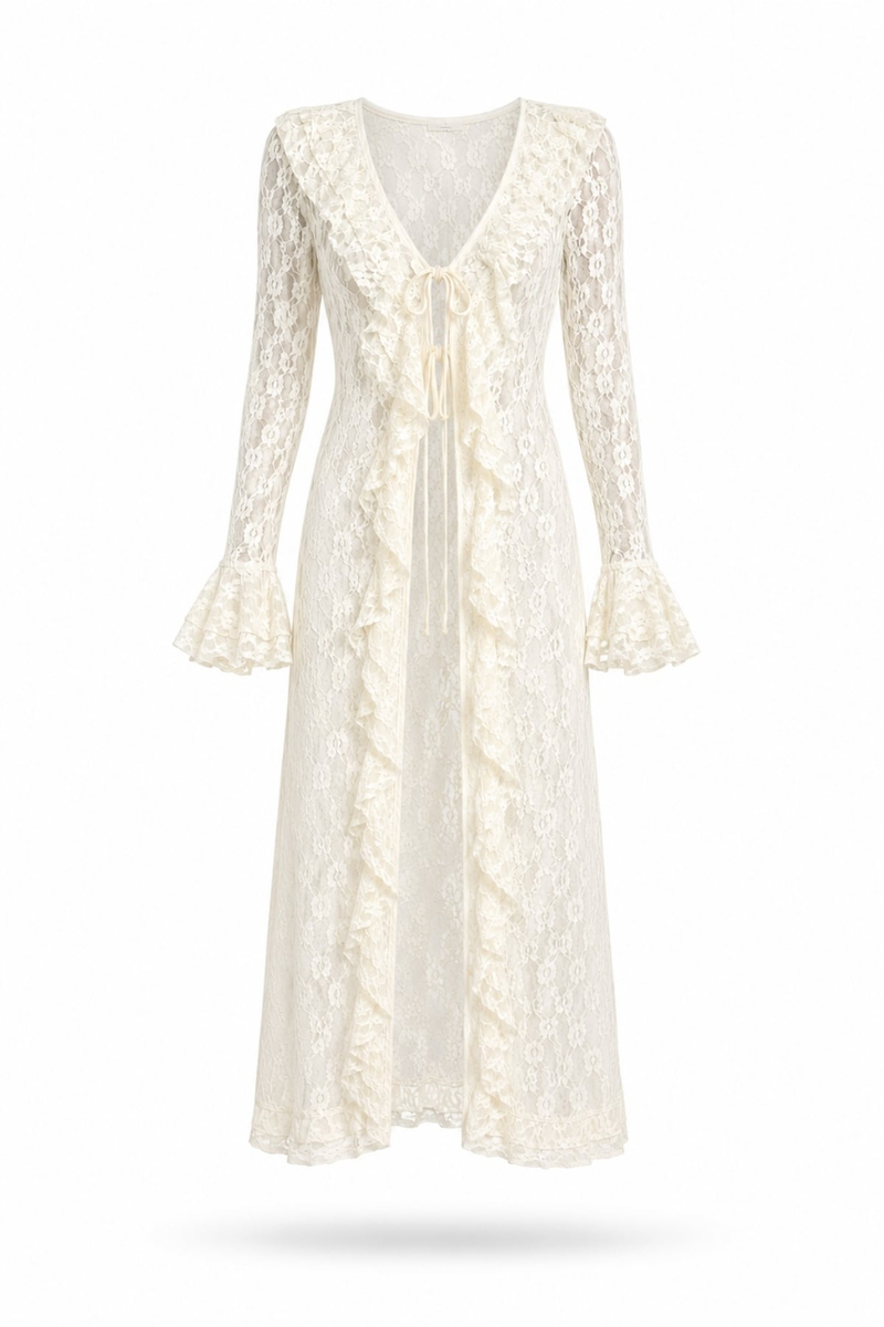 Ekru Dantelli Maxi Kimono 