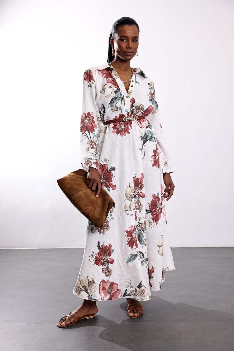 Ekru Desenli Keten Elbise 39451