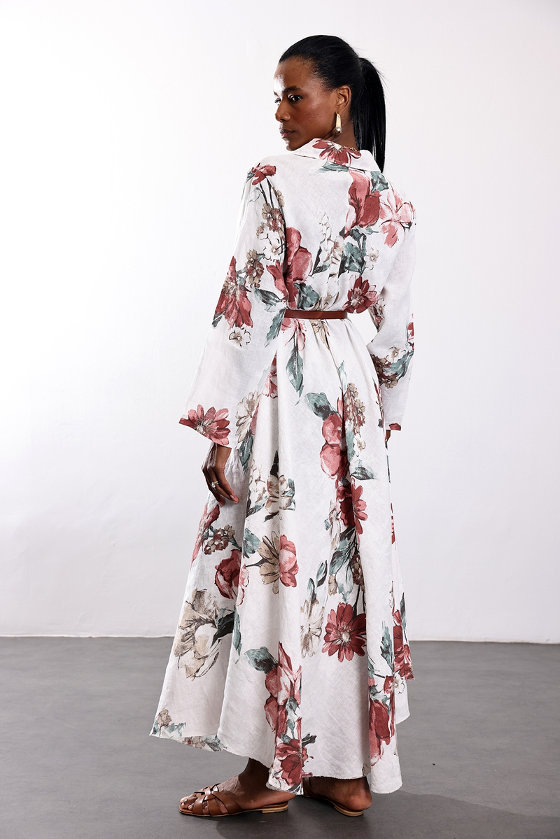 Ekru Desenli Keten Elbise 39451