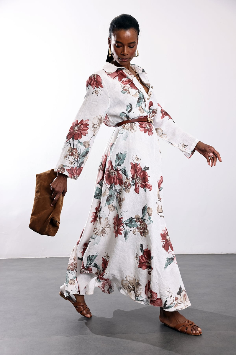 Ekru Desenli Keten Elbise 39451