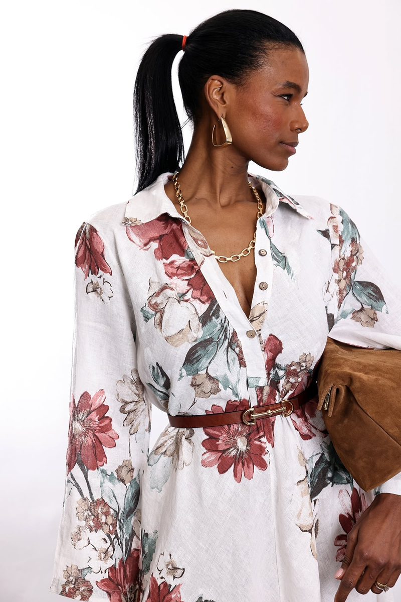 Ekru Desenli Keten Elbise 39451