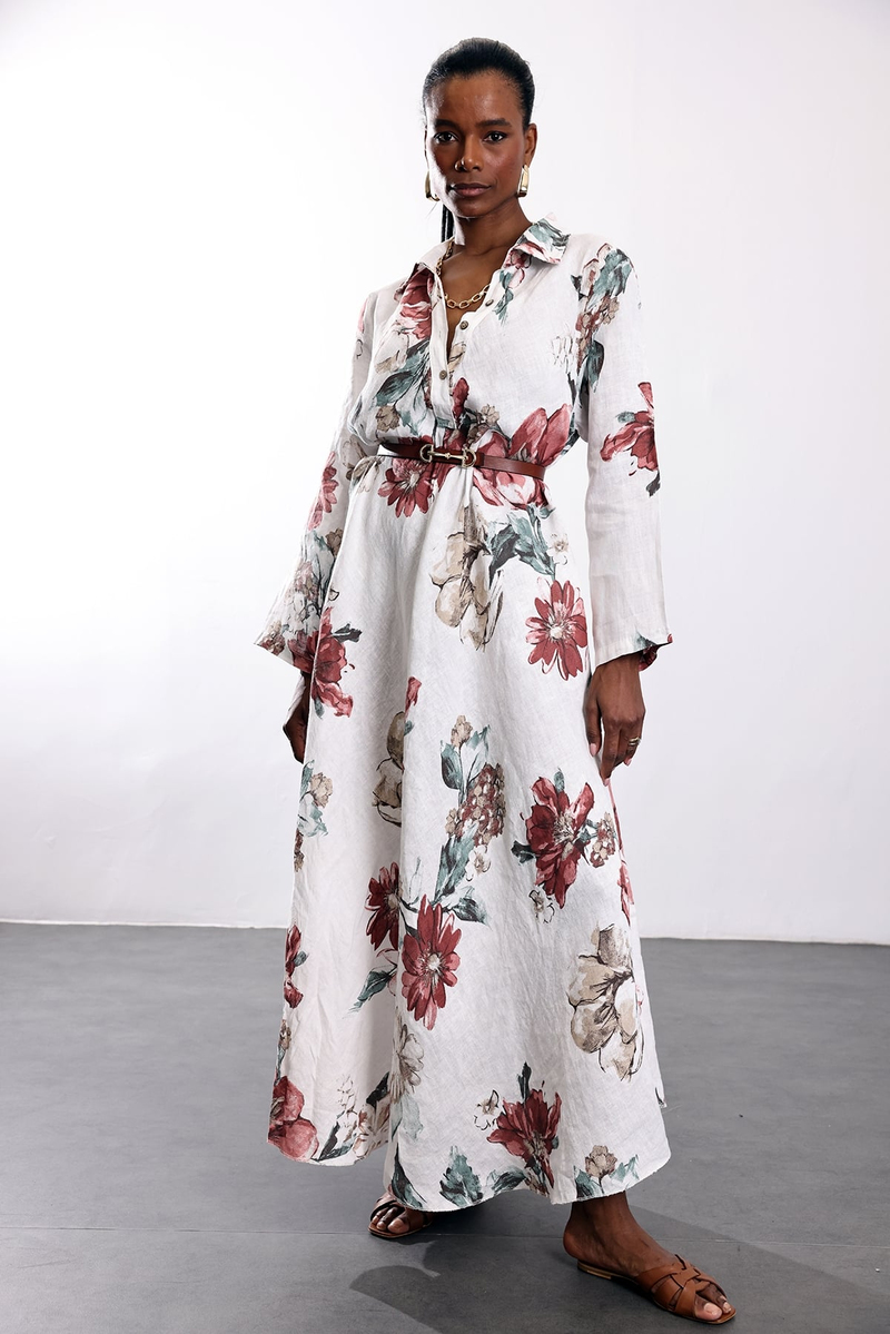 Ekru Desenli Keten Elbise 39451