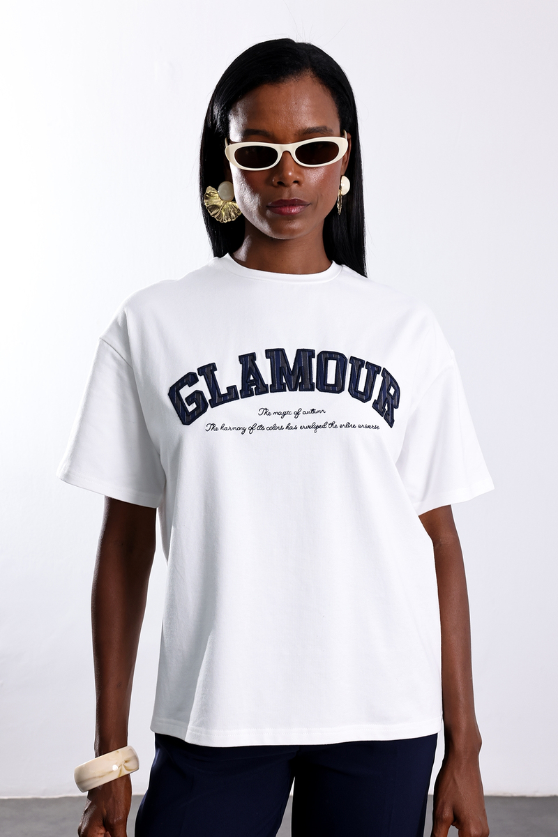 Ekru Glamour Baskılı Tişört 02530