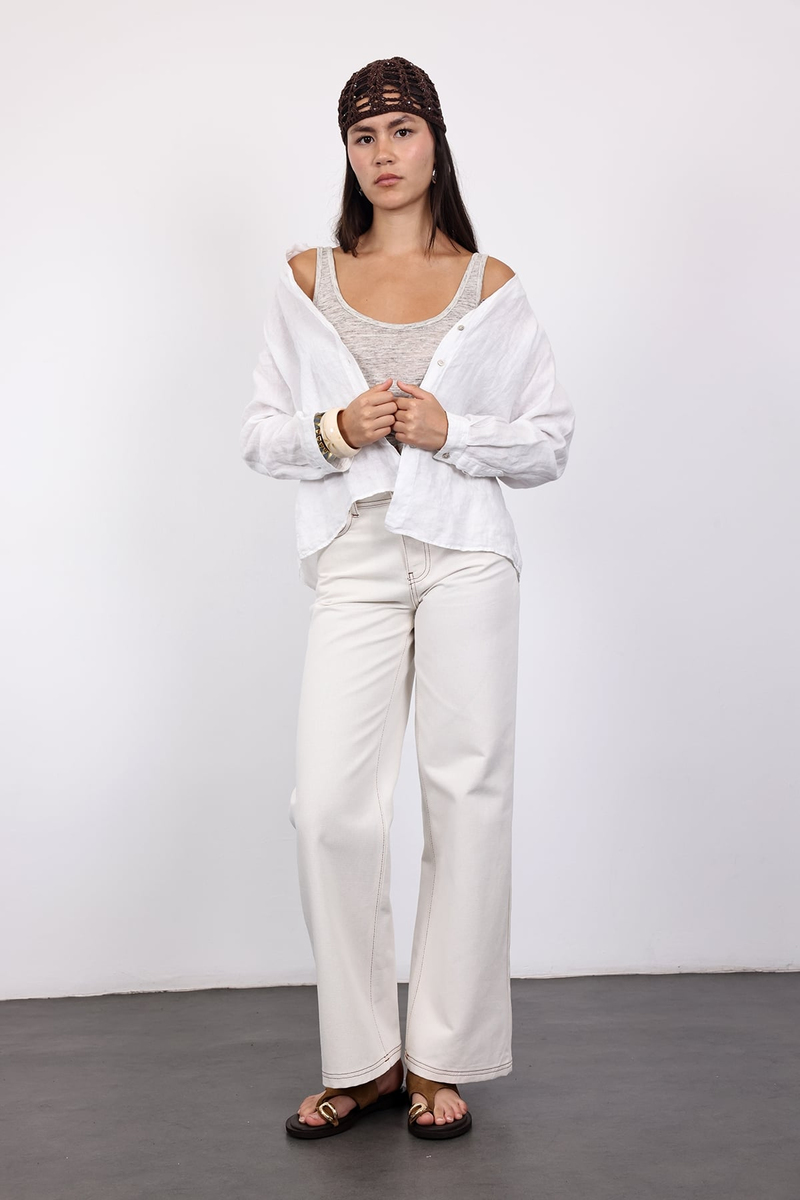 Ekru Kontrast Dikişli Straight Jean 