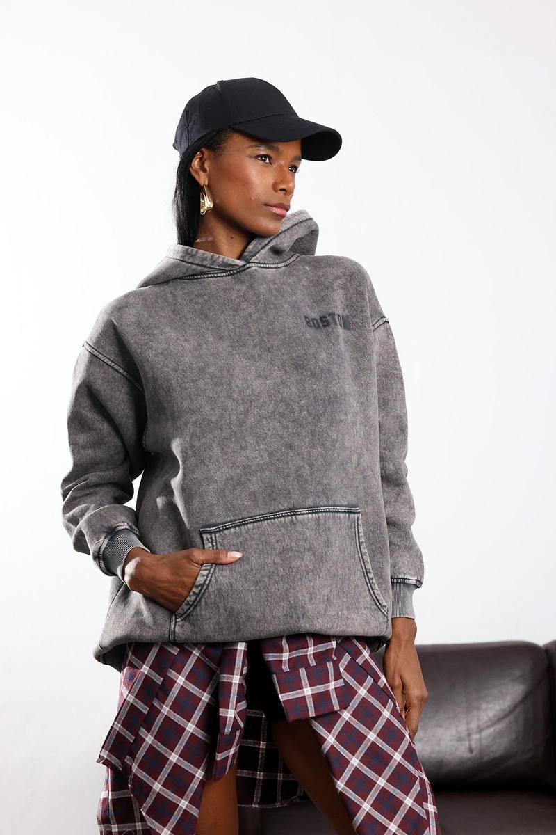 Füme Kapüşonlu Boston Baskılı Yıkamalı Sweatshirt 7273