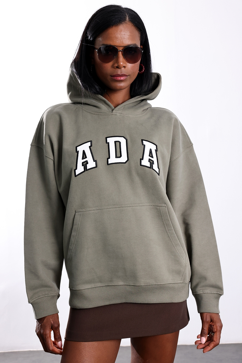 Haki Ada Nakışlı Kapüşonlu Sweatshirt 