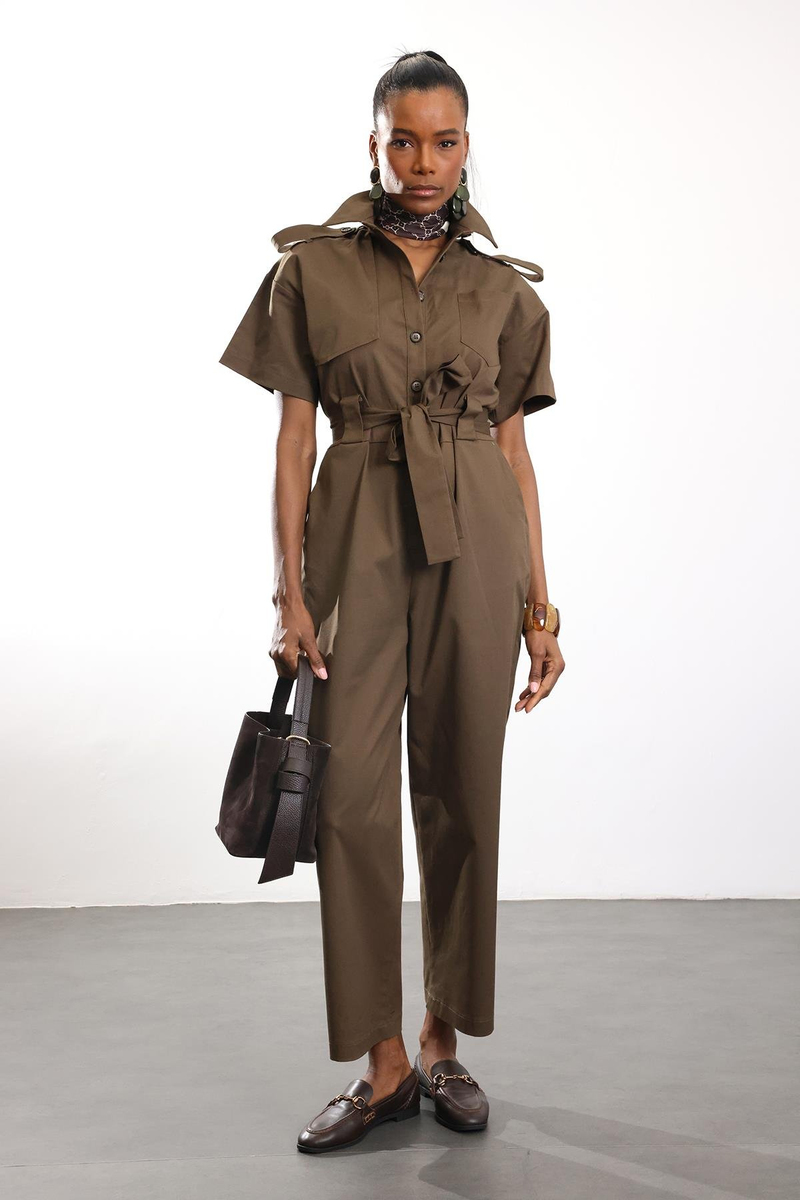 Haki Kuşaklı Önü Düğmeli Tulum 9535