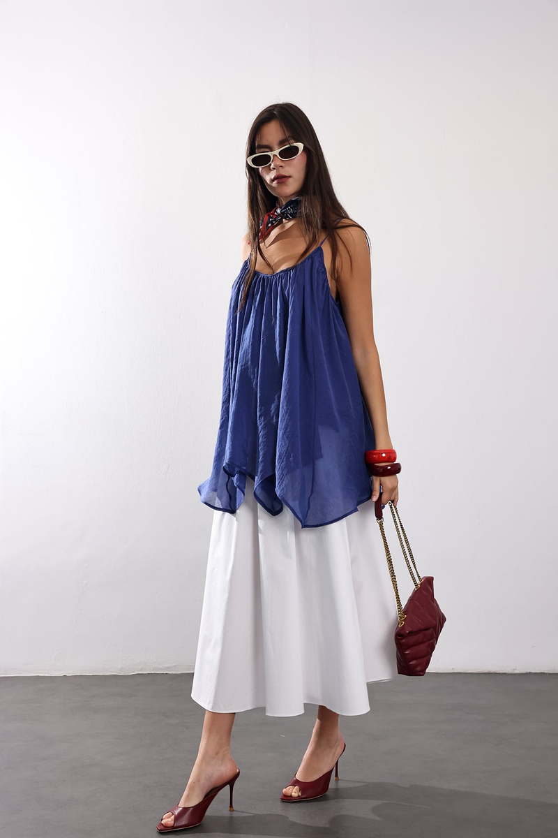 indigo Askılı Pileli Bluz 5090